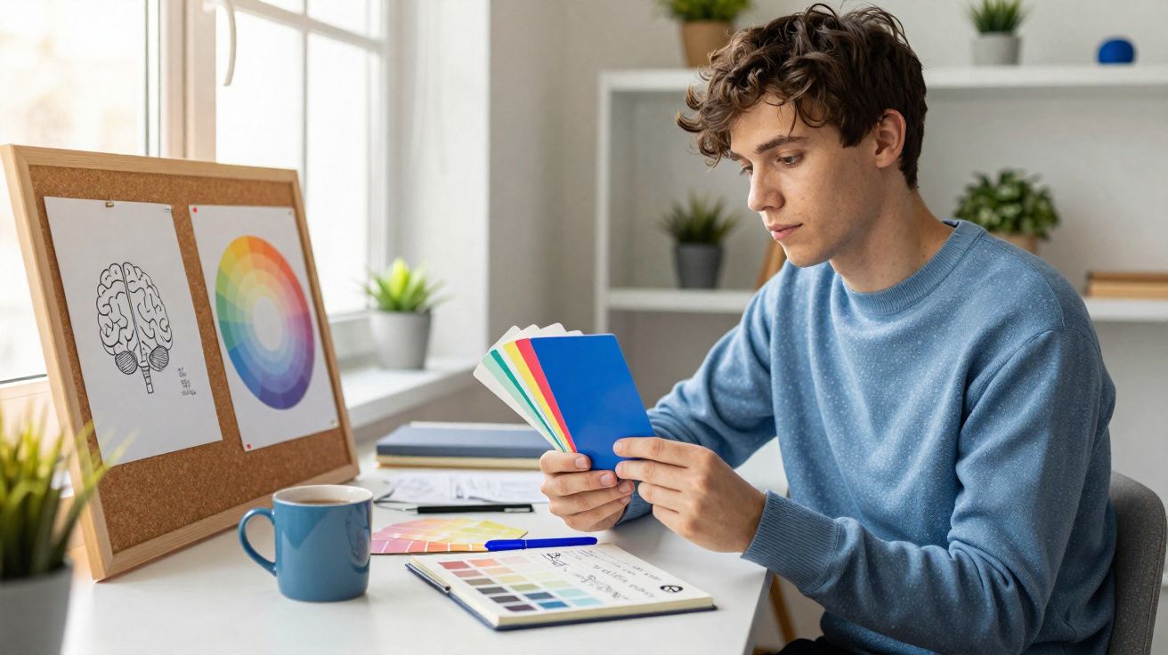 Jovem analisando amostras de cores em casa, com gráficos de cérebro e círculo cromático ao fundo.