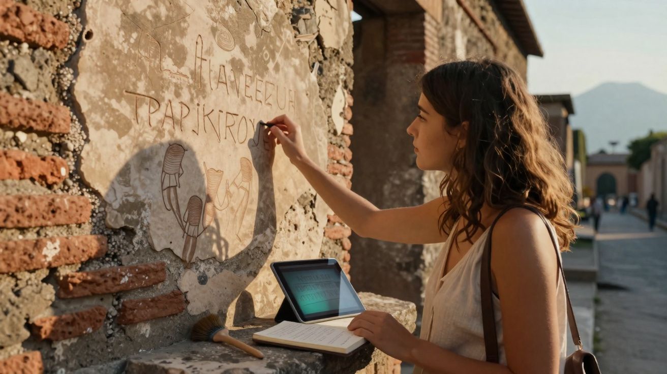 Mulher escreve em parede antiga com tablet e caderno em praça histórica ao ar livre.