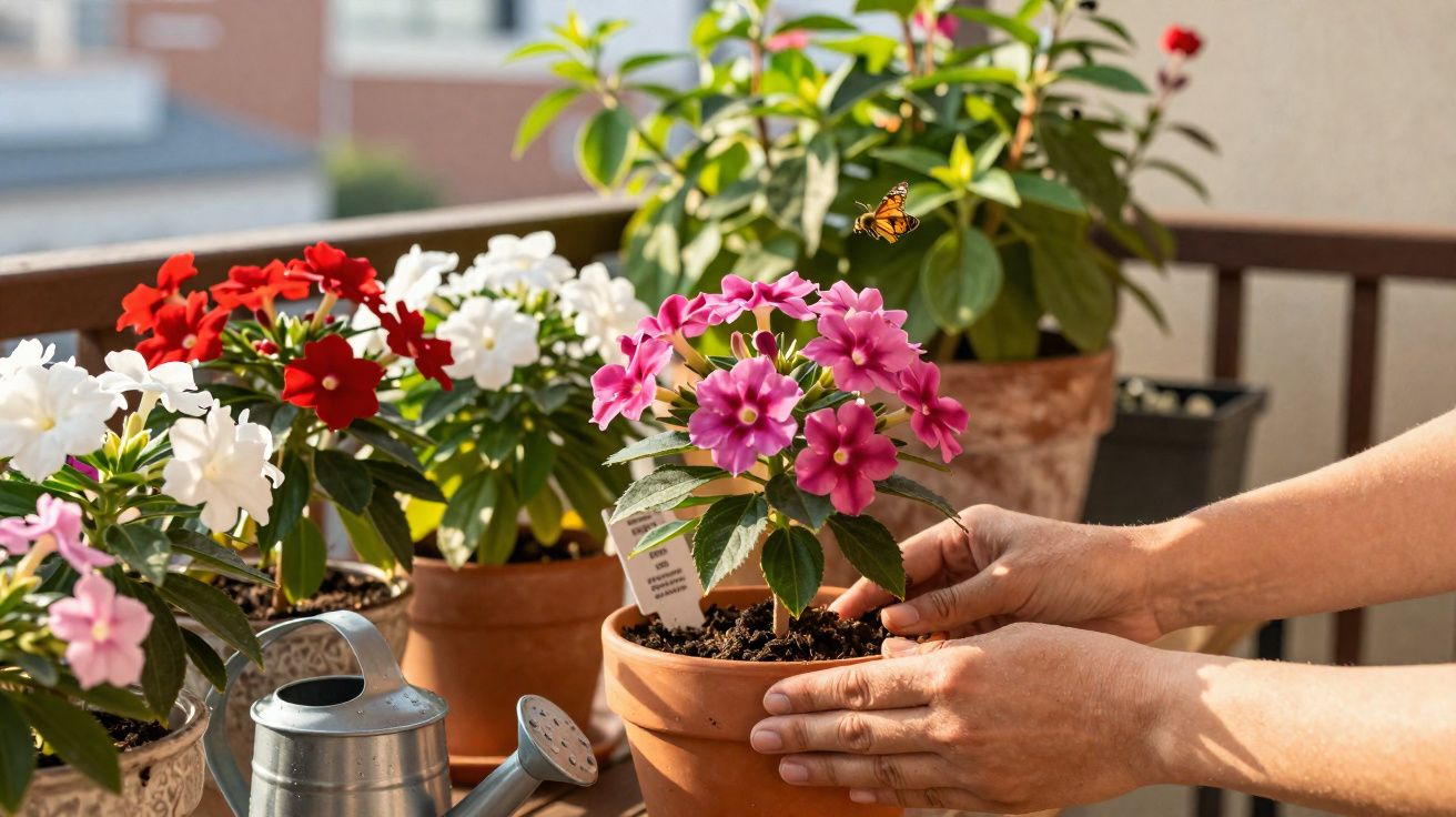 Pessoa cuidando de flores coloridas em vasos, com uma borboleta pousando em flor rosa.