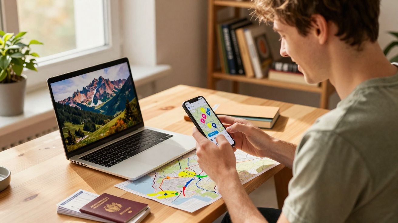 Jovem sentado à mesa usando celular com aplicativo de mapas, laptop, mapa impresso e passaporte à frente.