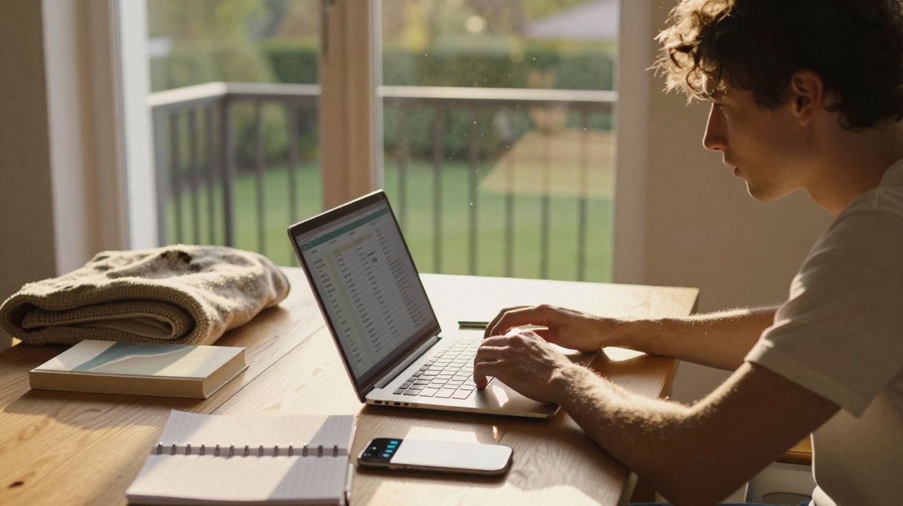 Jovem usando laptop em mesa de madeira perto de janela, com caderno, celular e cobertor ao lado.
