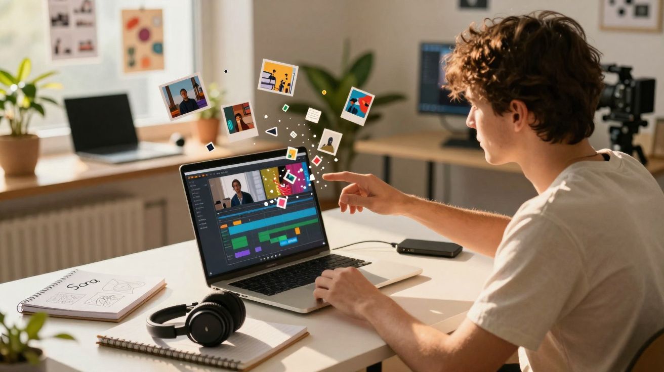 Jovem editando vídeo em laptop com ícones flutuantes de mídia em escritório iluminado.