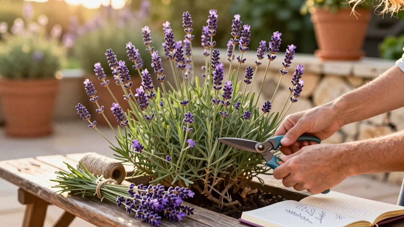 Pessoa cortando flores de lavanda com tesoura de poda em jardim ao entardecer.