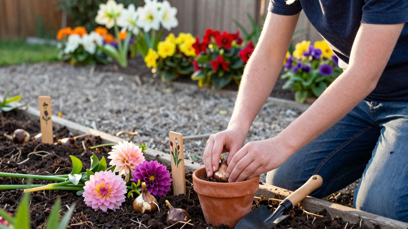 Pessoa plantando bulbos de flores em vaso de barro em canteiro de jardim com flores coloridas ao fundo.