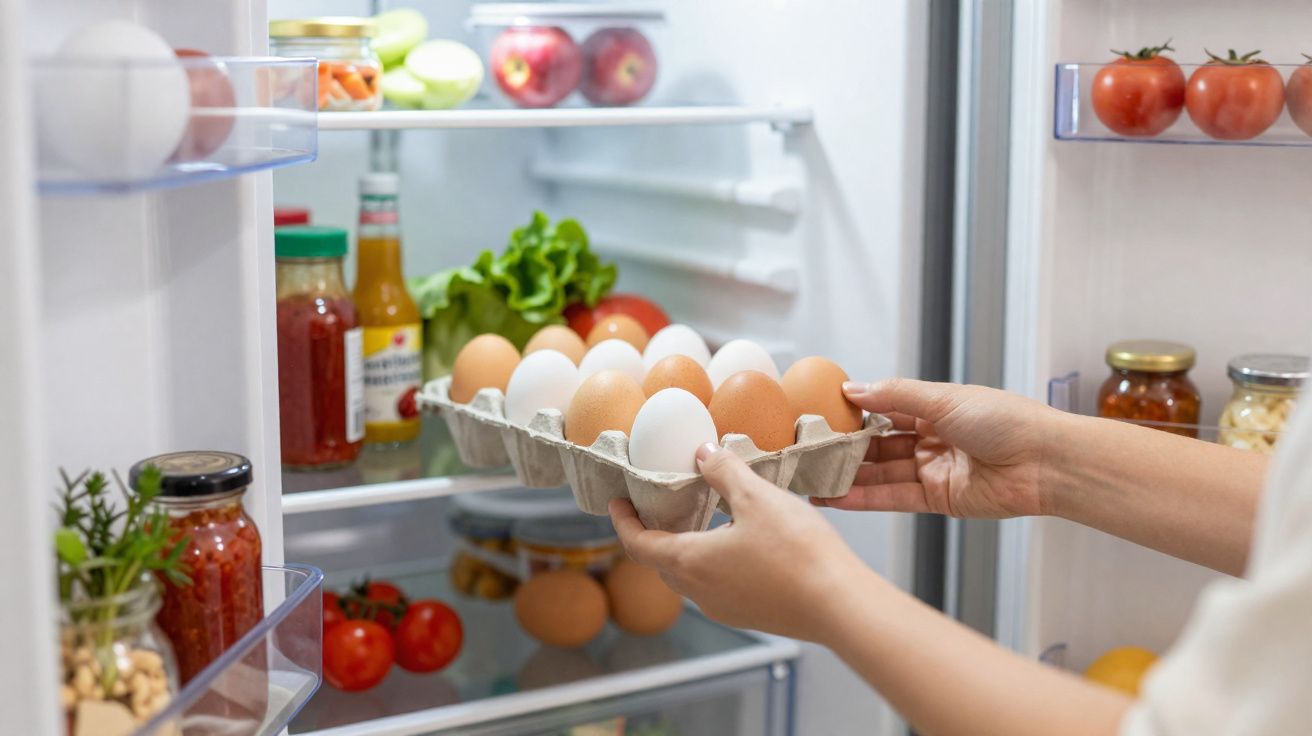Mãos segurando bandeja com ovos dentro de geladeira aberta com legumes e condimentos organizados.