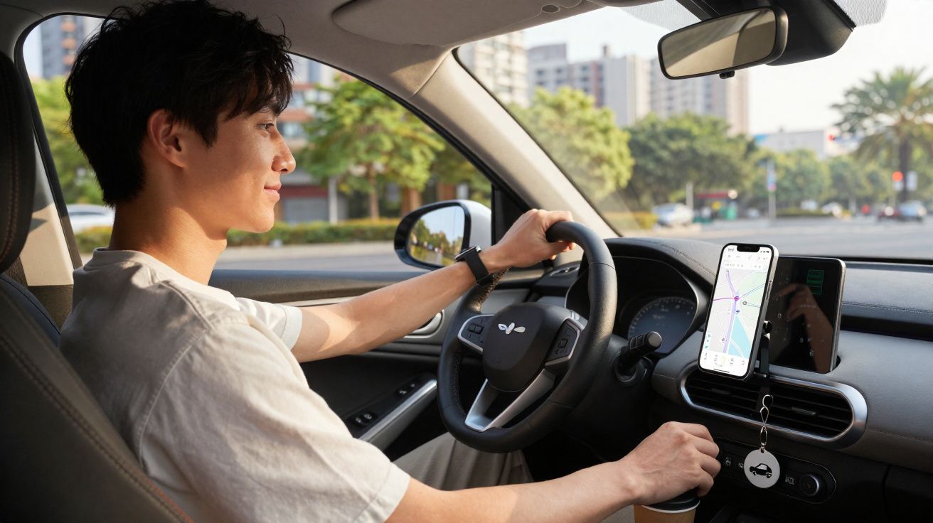 Jovem dirigindo carro com aplicativo de GPS aberto no celular preso no painel.