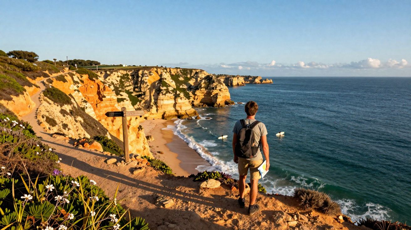 Homem com mochila observa falésias e mar em praia ensolarada no litoral rochoso.