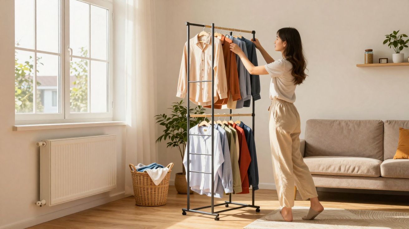 Mulher organizando roupas em cabideiro preto em sala clara com sofá, planta e janela ampla.