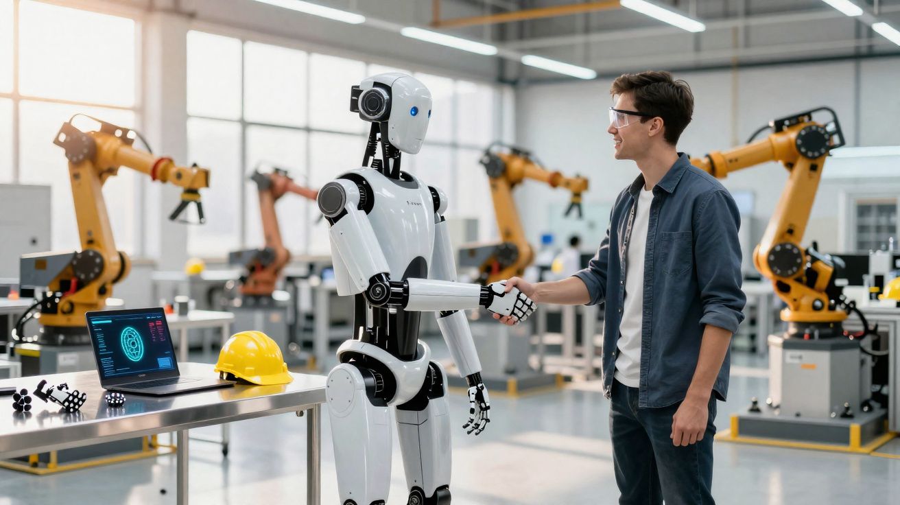Homem e robô apertando as mãos em ambiente industrial com braços robóticos ao fundo.
