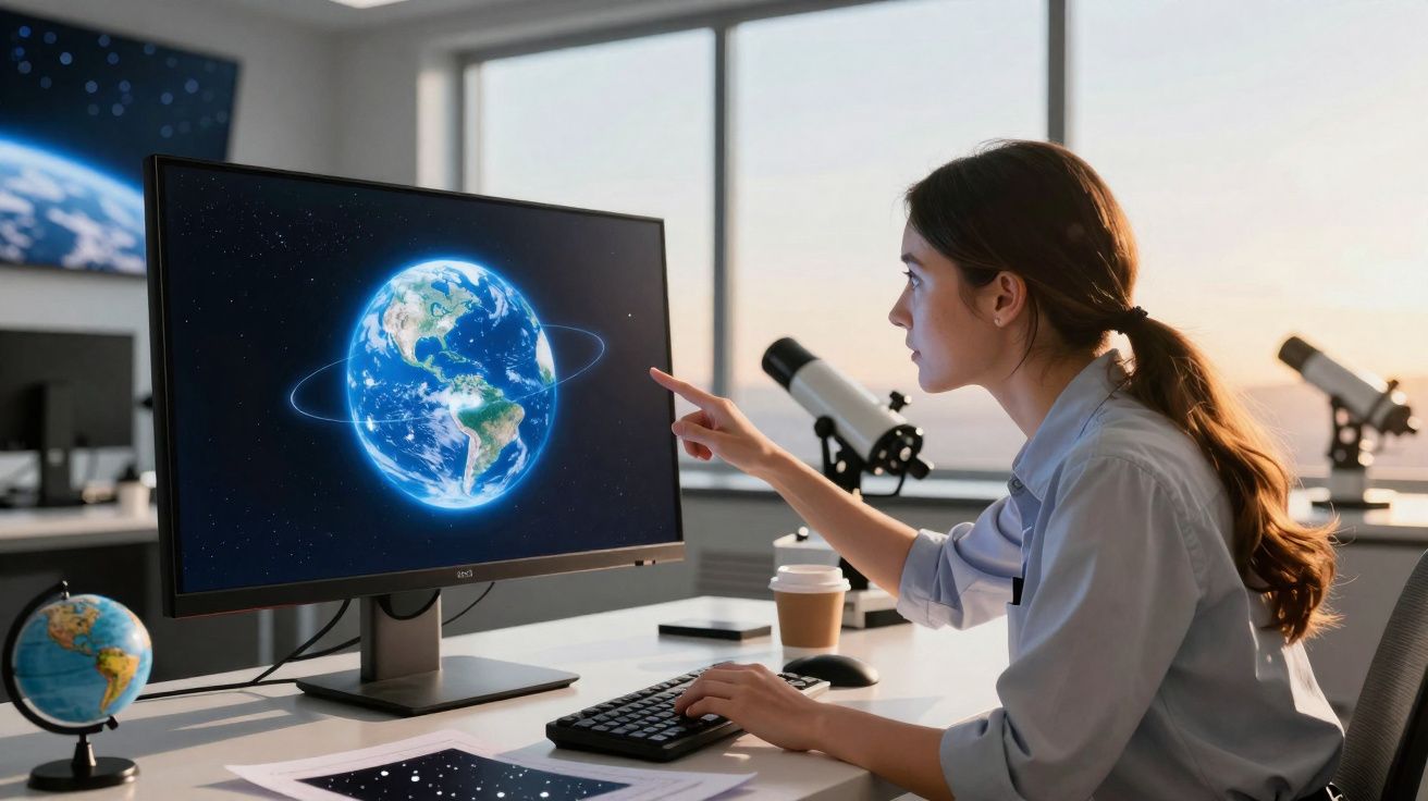 Mulher estudando imagem da Terra na tela do computador em escritório com telescópios ao fundo.
