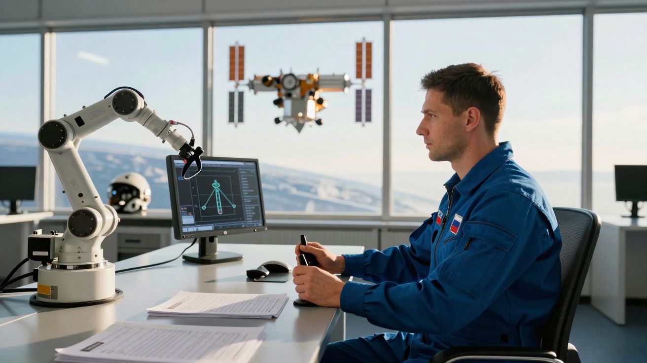 Homem em uniforme azul operando robô mecânico em sala com janela para espaço sideral.