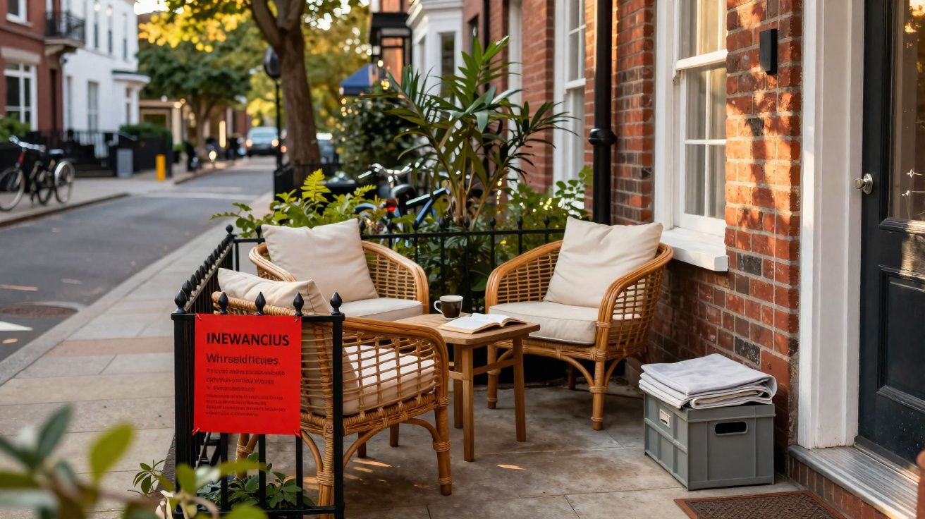 Varanda com duas poltronas de vime, mesa pequena, livro aberto e xícara, ao lado de prédio de tijolos.