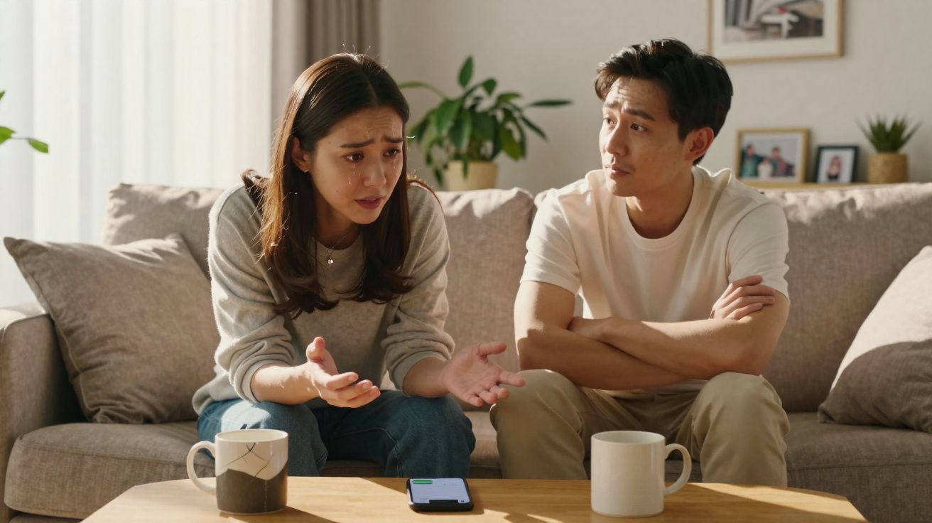 Casal sentado no sofá, mulher parecer preocupada e homem a escuta atento, mesa com canecas e celular.