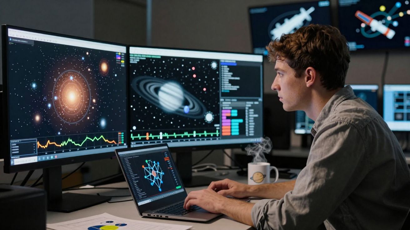 Jovem analisando dados astronômicos em três telas, com gráficos e imagens do sistema solar.