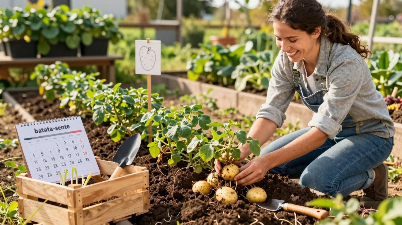 Mulher colhendo batatas em horta com ferramentas e calendário ao lado.