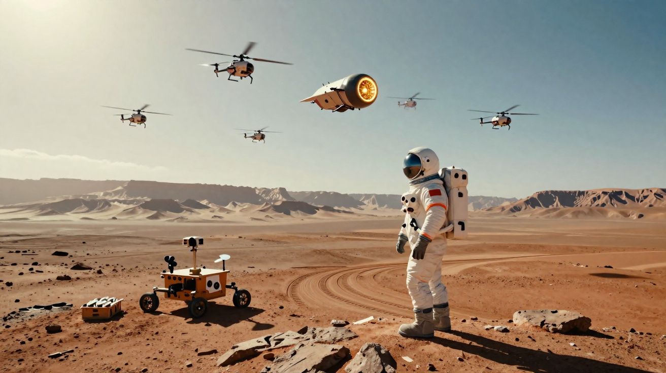 Astronauta e robô explorando terreno árido com helicópteros e cápsula voando ao fundo.