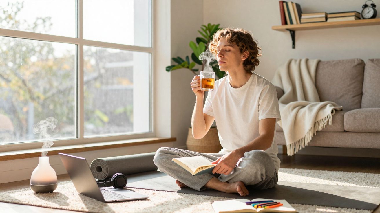 Jovem sentado no chão ao sol, segurando xícara de chá, com livro aberto, perto de laptop e difusor de aromas.