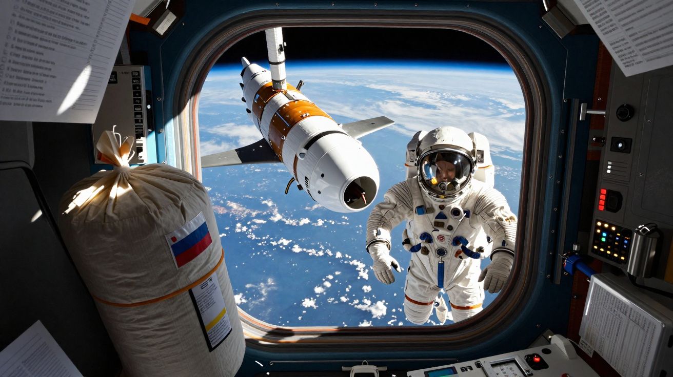 Astronauta flutuando do lado de fora da estação espacial com a Terra ao fundo vista pela janela.