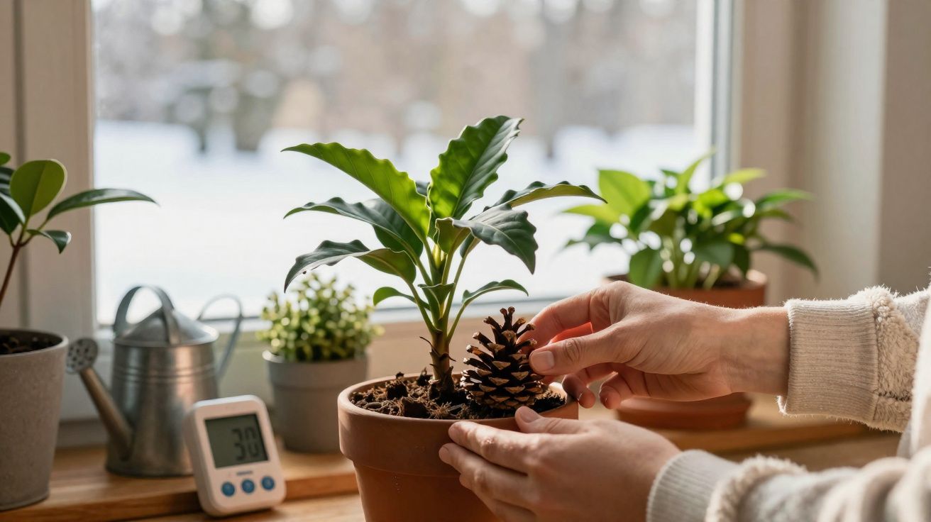 Mãos seguram pinha ao lado de vaso com planta sobre parapeito de janela com regador e timer.