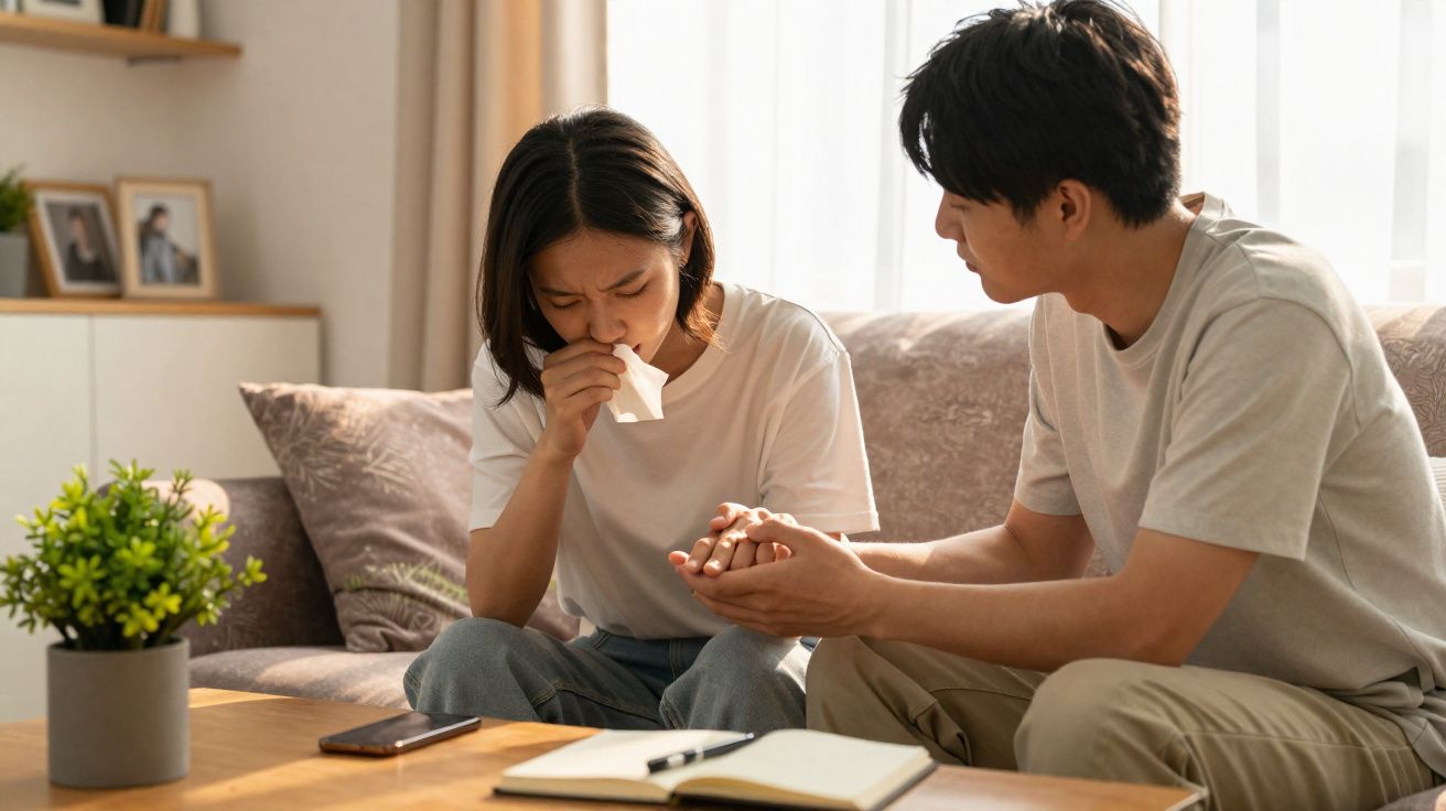 Mulher chorando com lenço na mão enquanto homem a consola segurando suas mãos no sofá.