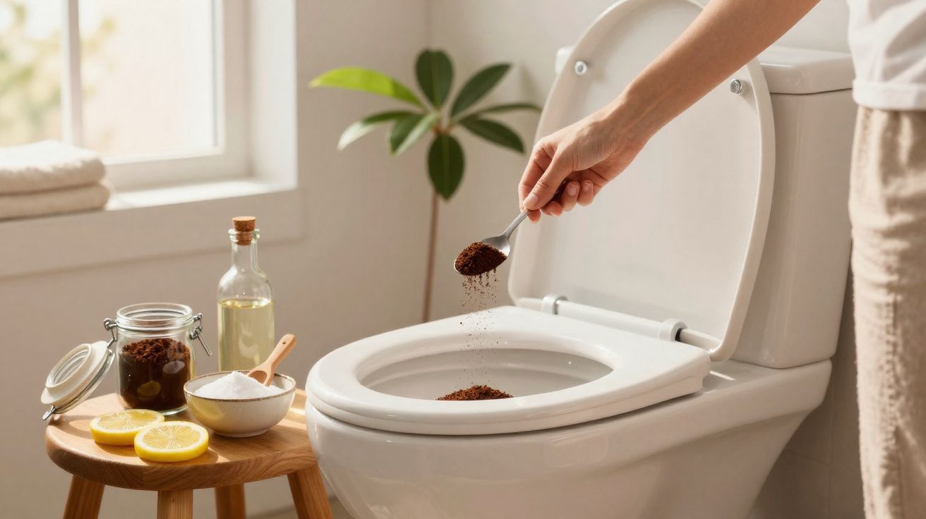 Pessoa despejando café em pó no vaso sanitário para limpeza, com limão, bicarbonato e vinagre ao lado.