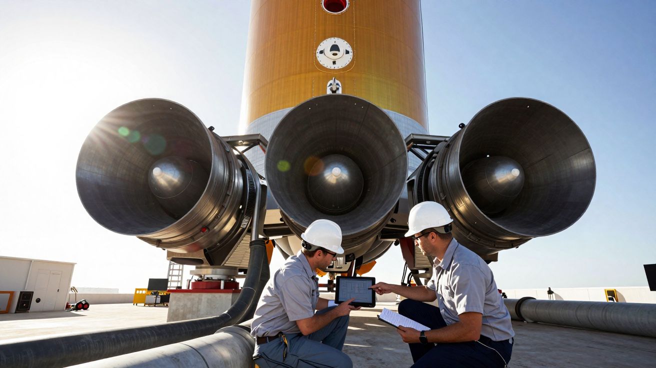 Dois engenheiros com capacetes analisam dados em tablet em frente aos grandes motores de foguete na plataforma.