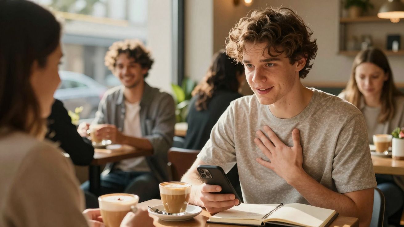 Jovem conversa animadamente com amiga em cafeteria, segurando celular e com café na mesa.