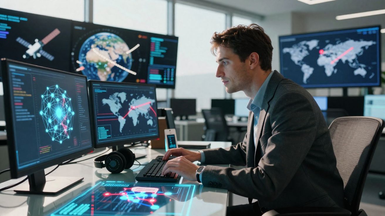 Homem trabalha em escritório com múltiplas telas mostrando mapas, redes digitais e dados tecnológicos.