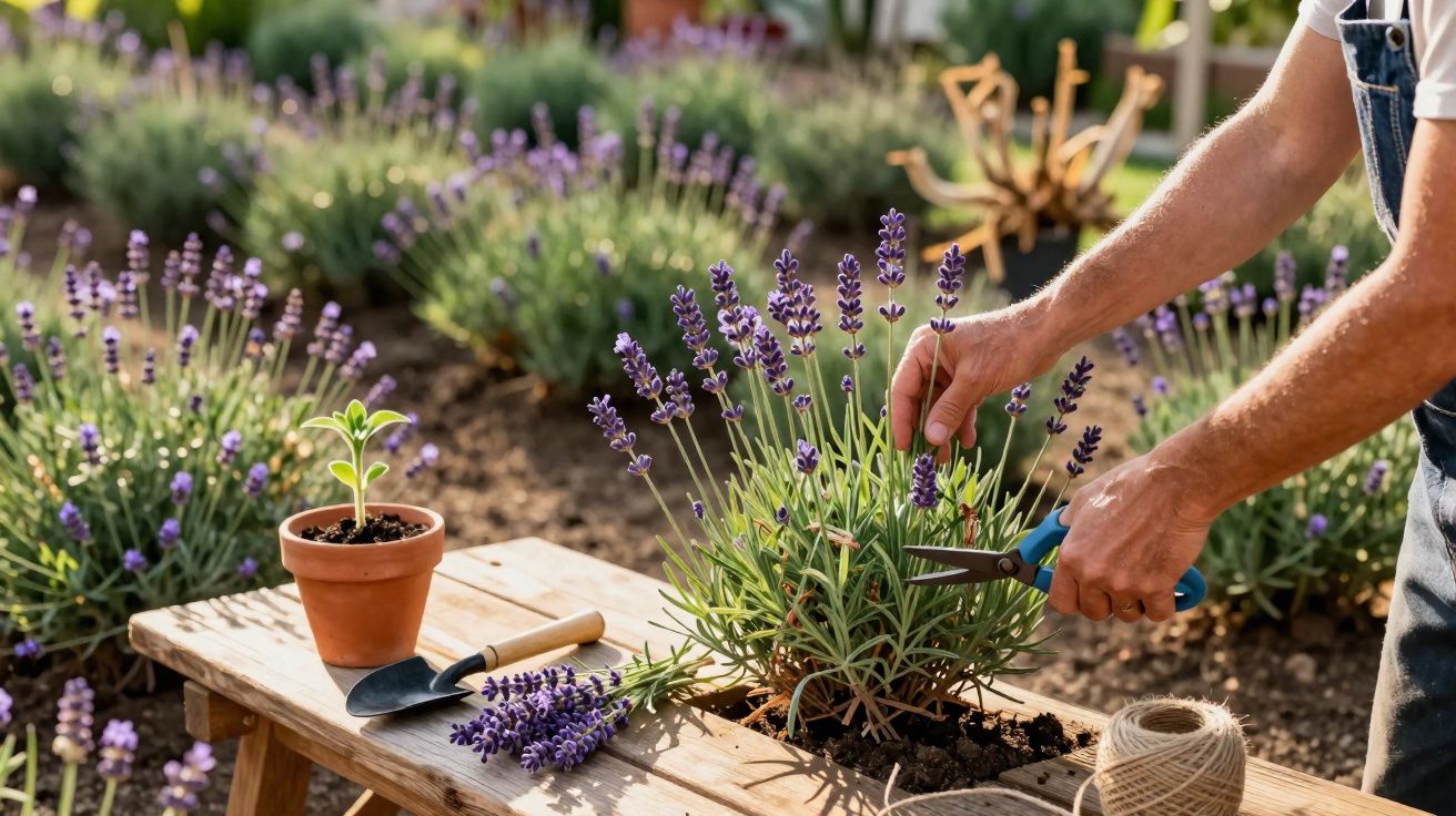 Pessoa cortando flores de lavanda com tesoura em jardim com ferramentas de jardinagem ao lado.