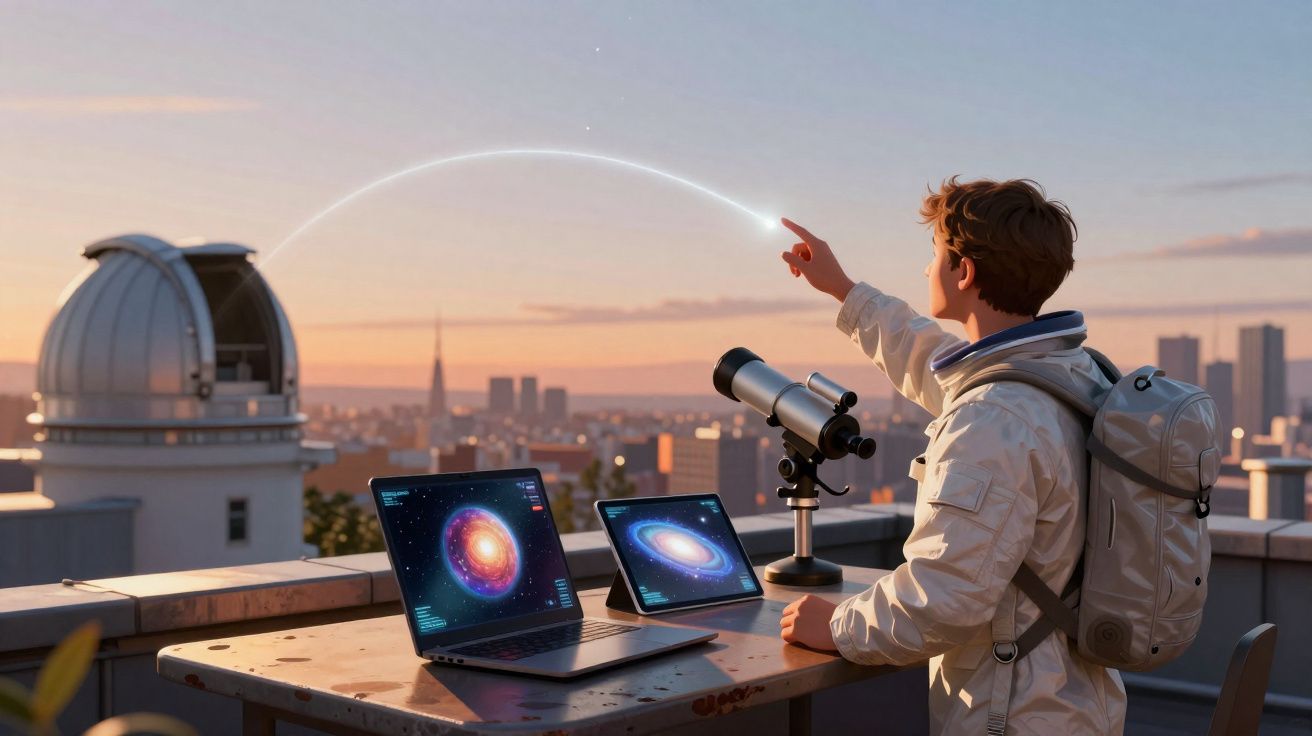 Jovem usando mochila aponta para luz no céu ao pôr do sol, com telescópio e computadores exibindo galáxias.
