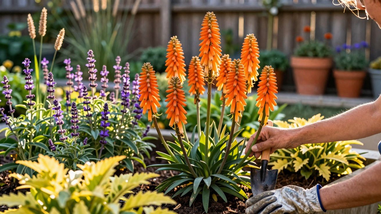 Pessoa com luvas cuidando de flores alaranjadas em jardim com plantas variadas e vasos ao fundo.