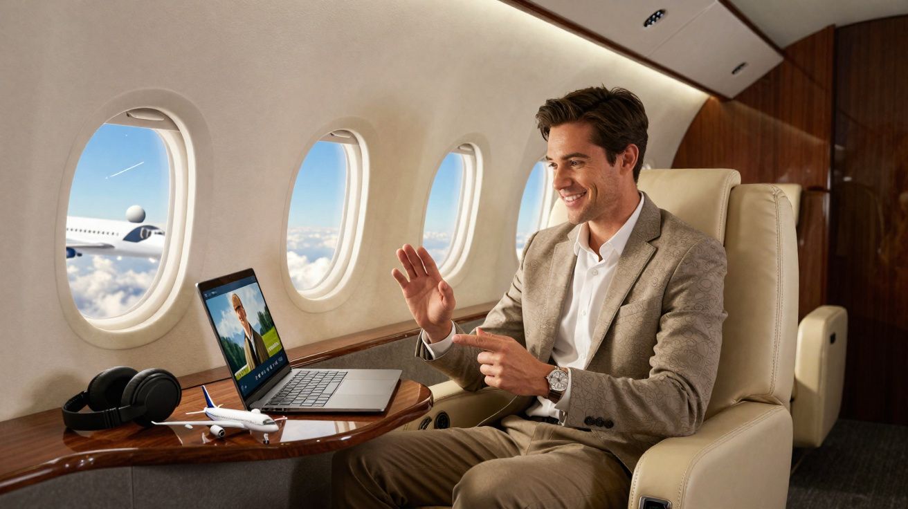 Homem sorridente em videoconferência dentro de avião luxuoso, com janela mostrando céu e nuvens.