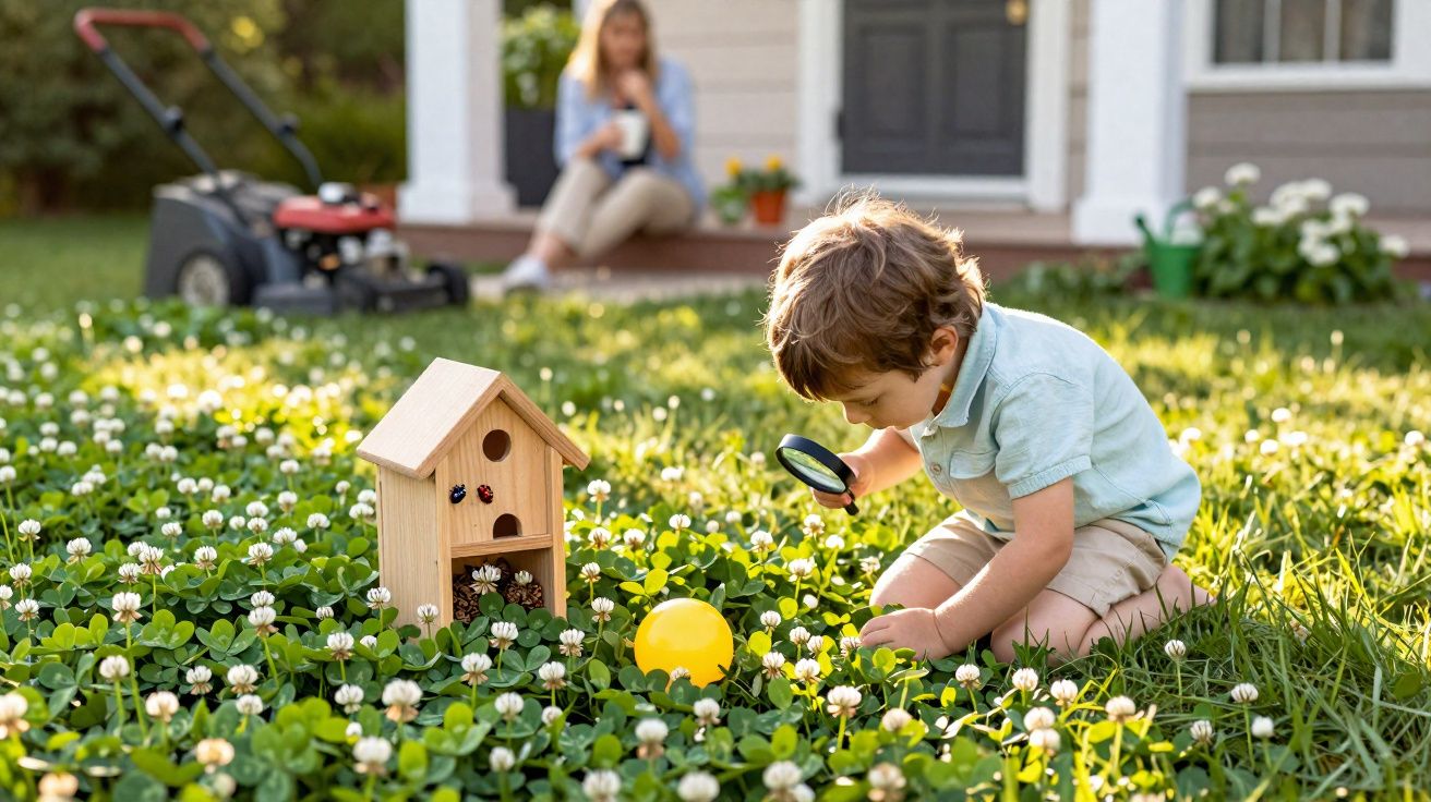Menino olhando com lupa plantas e uma casinha de passarinhos em gramado florido, mulher ao fundo sentada.