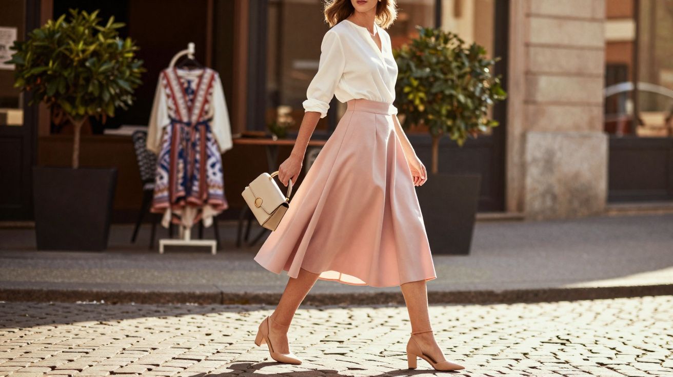 Mulher caminhando em rua de paralelepípedo com saia rosa, blusa branca, salto médio e bolsa bege.