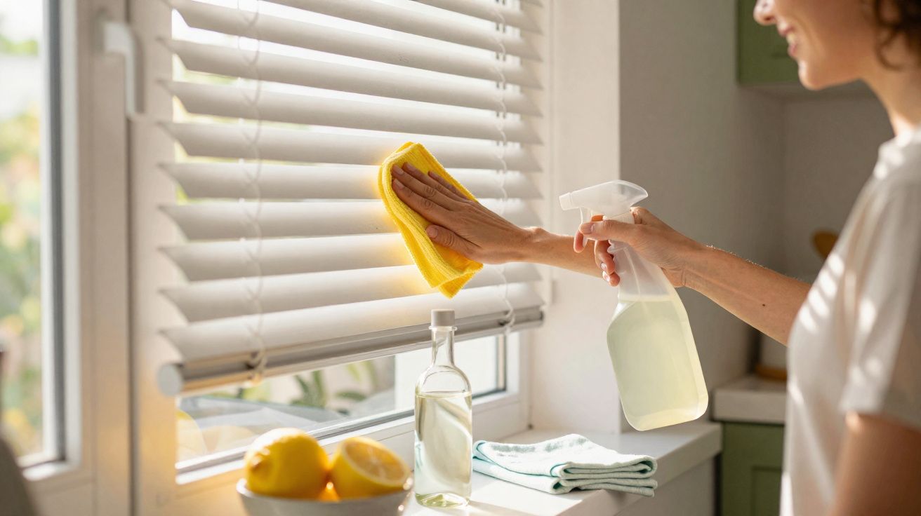 Pessoa limpando persiana branca com spray e pano amarelo na cozinha iluminada.