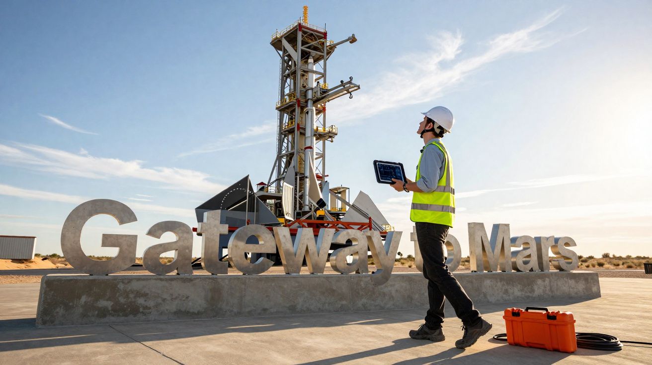 Engenheiro com capacete e colete reflete segurando tablet diante de estrutura e letras "Gateway to Mars" no deserto.