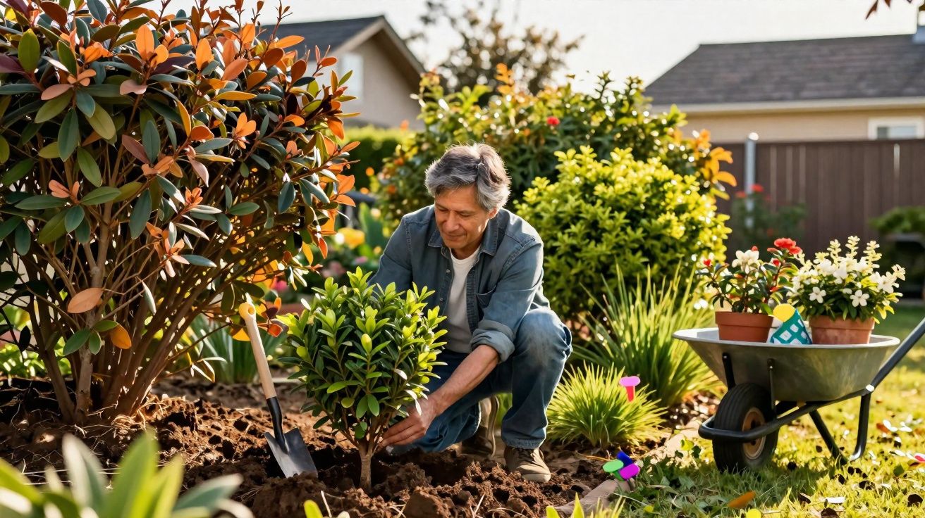 Homem plantando árvore jovem em jardim ensolarado com carrinho de mão e flores ao lado.