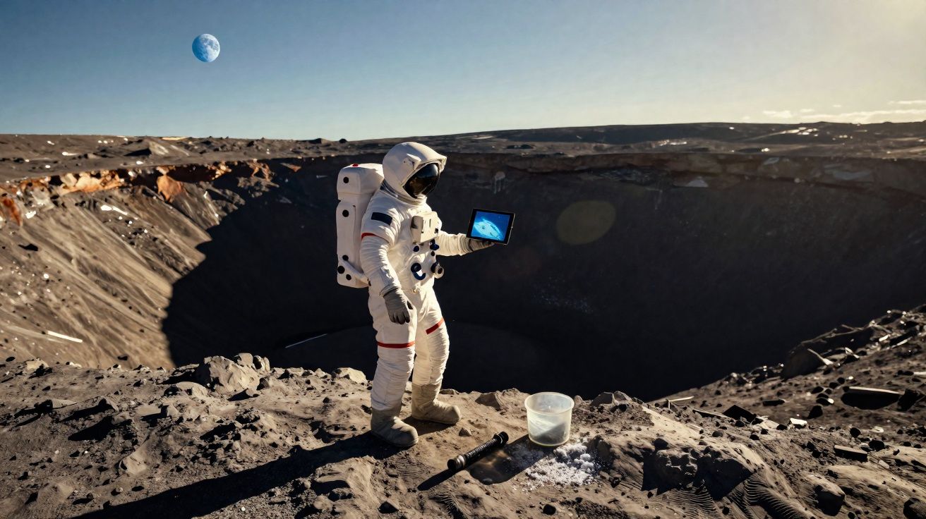 Astronauta em traje espacial segurando um tablet na superfície lunar perto de uma cratera com a Terra ao fundo.