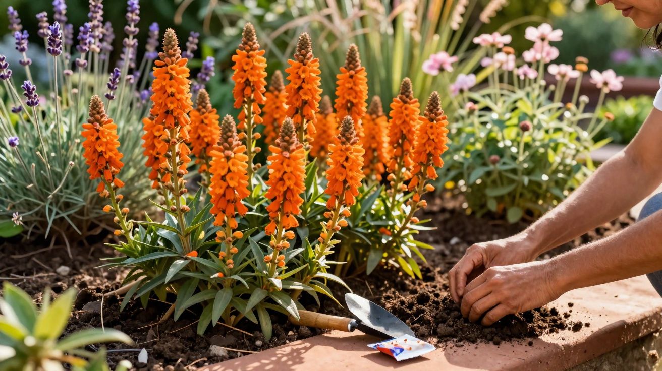 Pessoa plantando flores laranjas em canteiro com pá e sementes ao lado em jardim ensolarado.