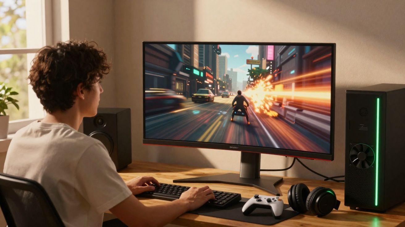 Jovem jogando videogame no computador com monitor widescreen em mesa organizada perto de janela.