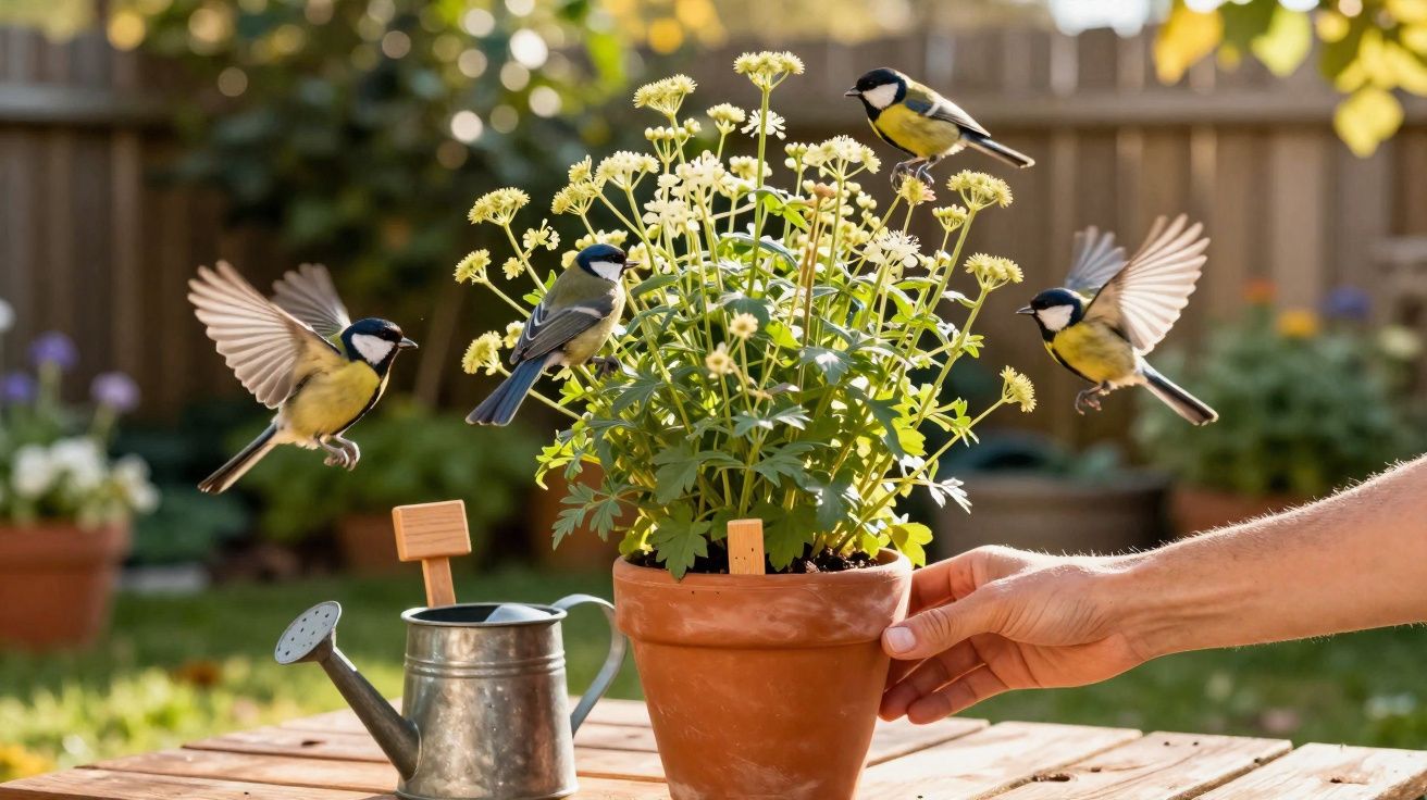 Mão segurando vaso de flores amarelas com quatro pássaros pretos e amarelos ao redor em mesa de madeira.