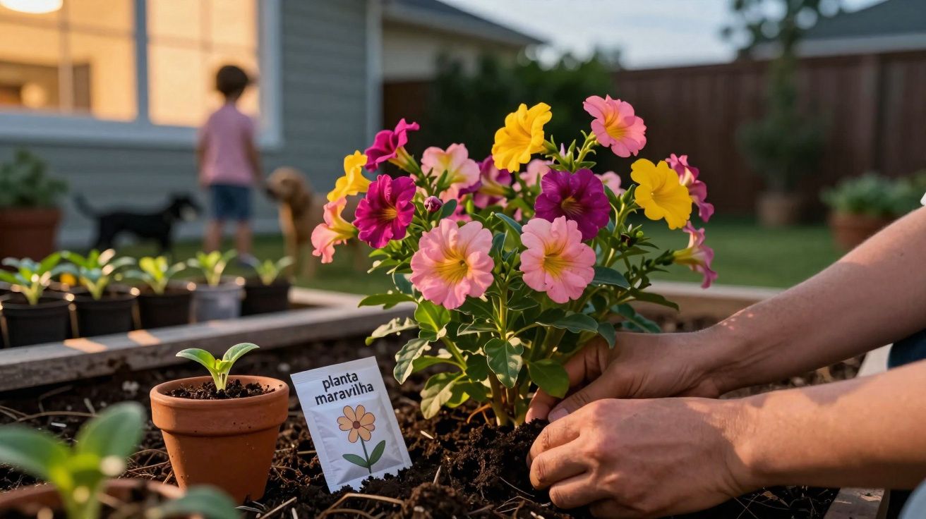 Pessoa plantando flores coloridas em um jardim com placa identificando "planta maravilha".