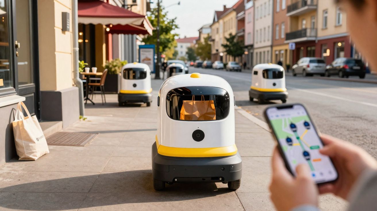Robôs autônomos entregando compras em calçada urbana monitorados por aplicativo móvel.