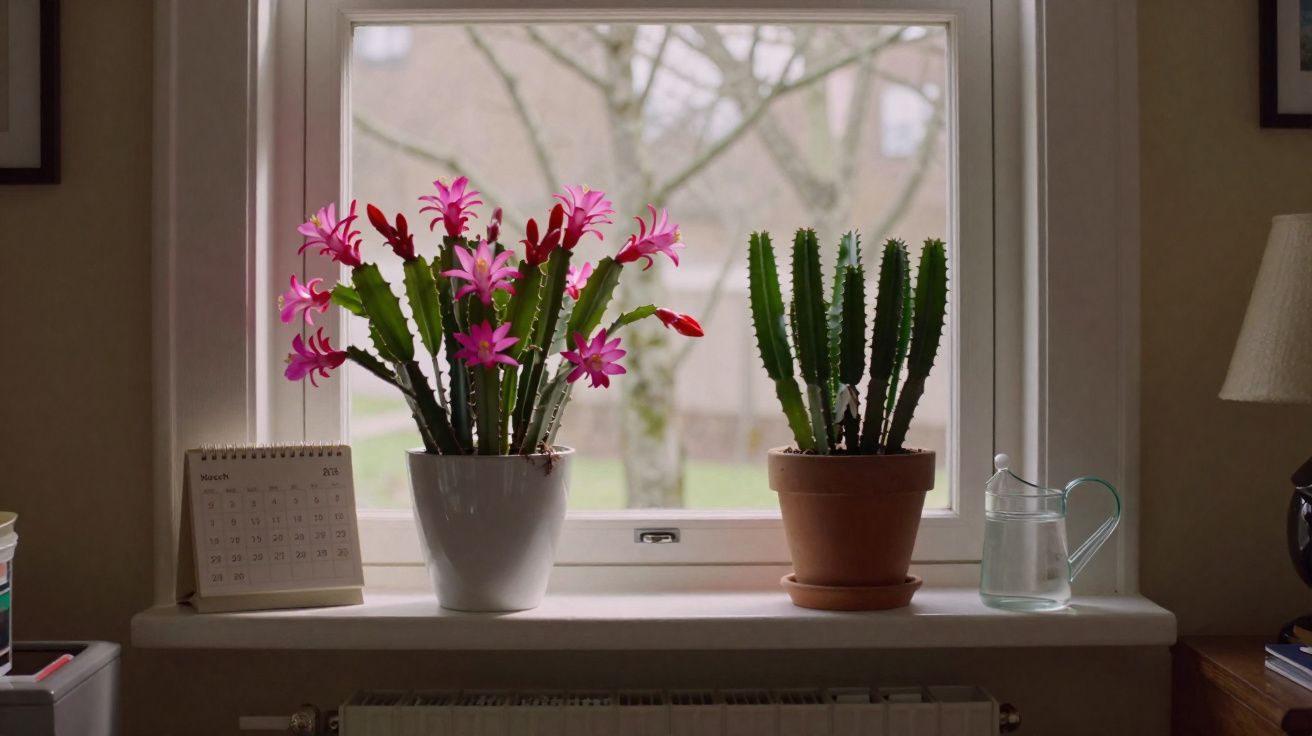 Janela com duas plantas em vasos, uma com flores rosa e outra com cactos verdes, ao lado de um calendário.