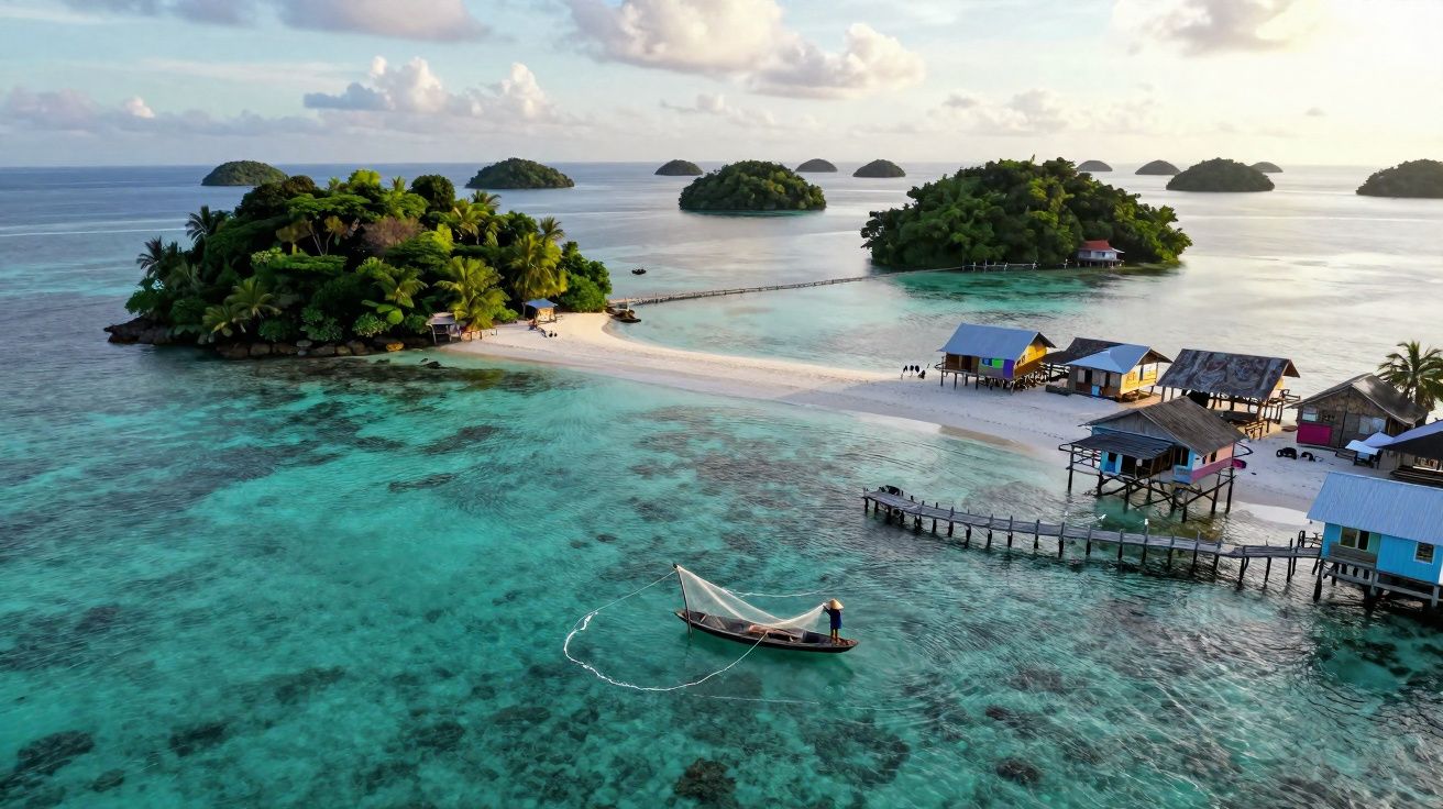 Ilha tropical com praias de areia branca, casas sobre palafitas e barco em mar cristalino azul.
