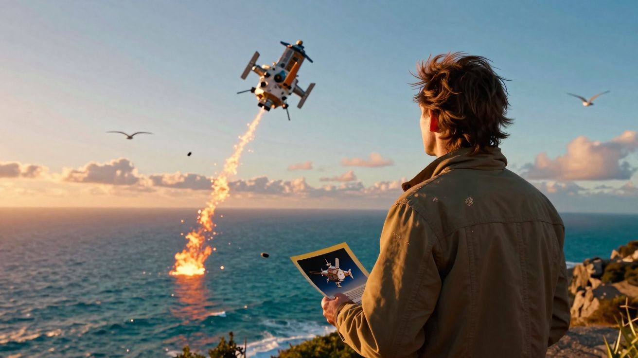 Homem observa foguete vermelho decolando sobre o mar ao pôr do sol, segurando foto do foguete.