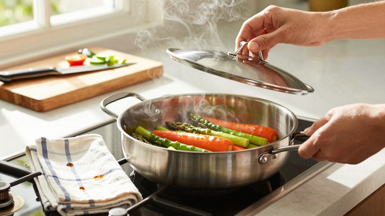 Mãos seguram tampa de panela com legumes cozinhando no fogão, com vapor saindo da panela.