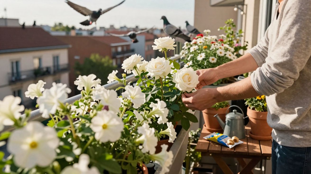 Pessoa cuidando de flores brancas em vaso na varanda de apartamento com pombos voando ao fundo.