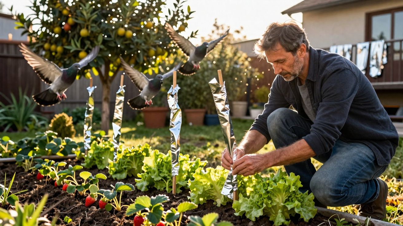 Homem cuidando da horta ao ar livre com morangos, alfaces e pássaros voando ao redor.
