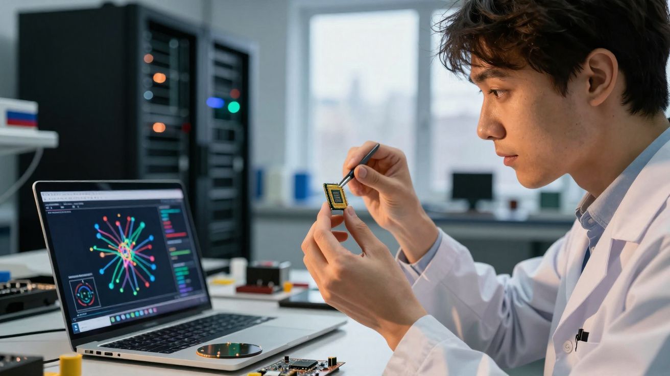 Cientista segurando componente eletrônico analisado com pinça, com laptop e equipamentos de tecnologia ao fundo.